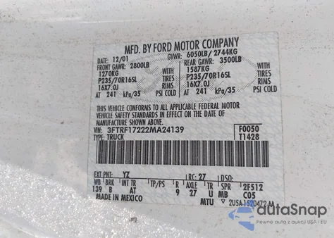 2002 Ford F150 z USA, uszkodzony, nr VIN 3FTRF17222MA24139